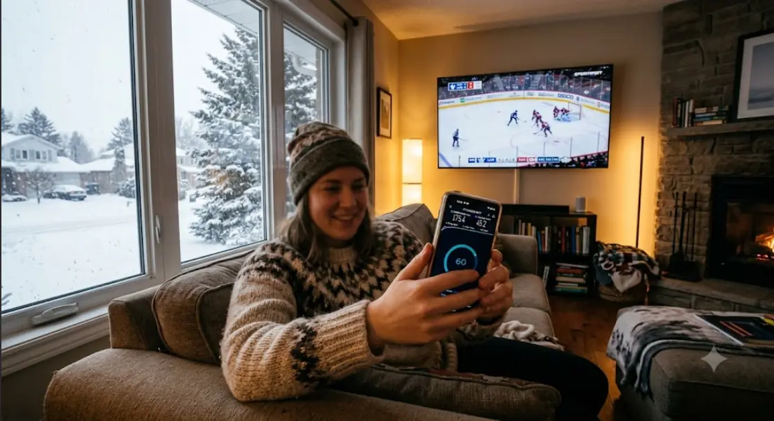 Person holding a phone showing an internet speed test result while a Smart TV plays in the background, Canadian home in winter