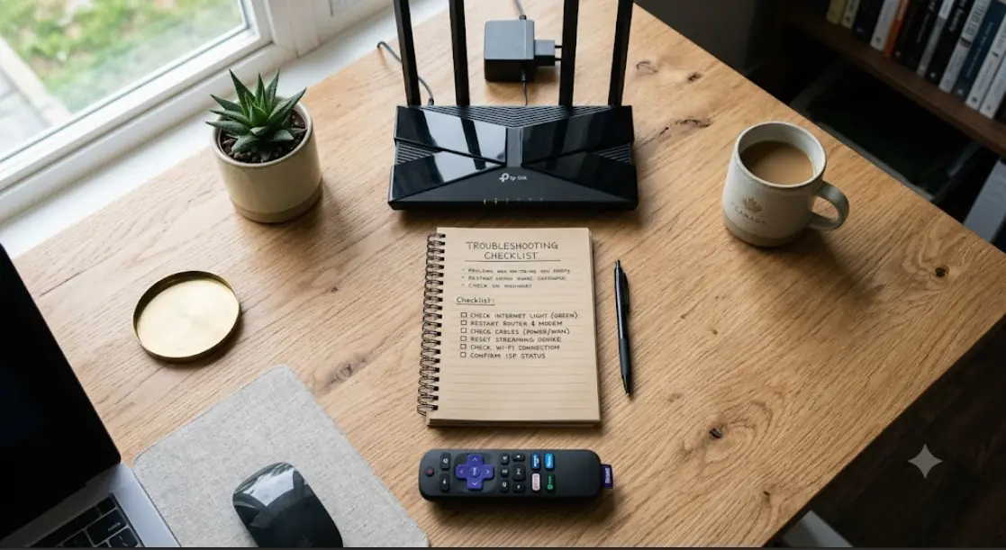 Clean flat-lay of a streaming remote, router and notepad with a troubleshooting checklist, soft daylight, modern Canadian home office