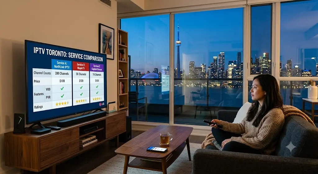 iptv toronto comparison scene with a Smart TV, streaming box, remote control, and Toronto skyline in a modern Ontario condo