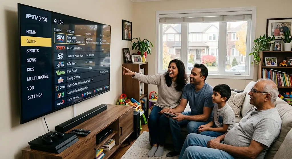 Toronto family comparing a Canadian IPTV channel guide on a large Smart TV with sports, news, kids, and multilingual categories visible