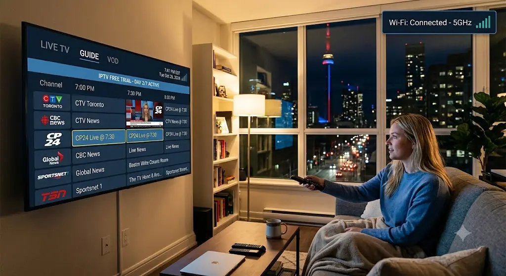 Toronto viewer testing an IPTV free trial on a Smart TV in the evening while checking channel switching, guide data, and Wi-Fi connection