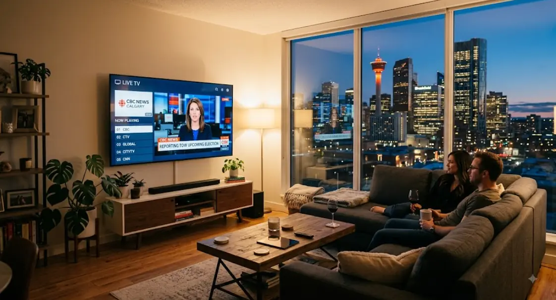 A modern Calgary living room at dusk, Smart TV showing a live TV app, downtown skyline visible through the window