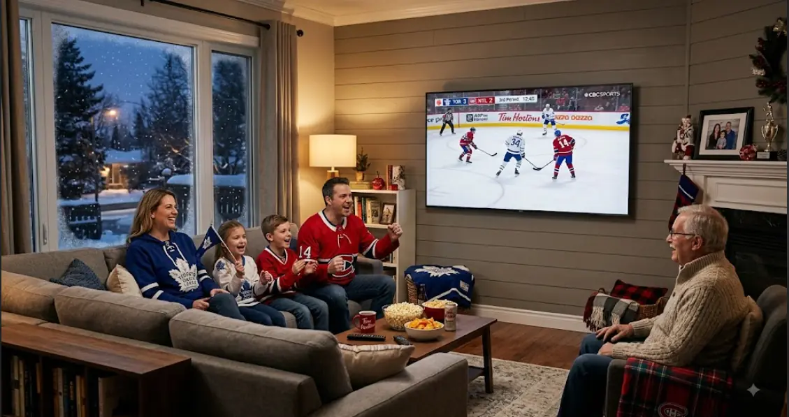 Canadian living room with a wall-mounted smart TV showing a live hockey game, family watching, winter evening light through the window