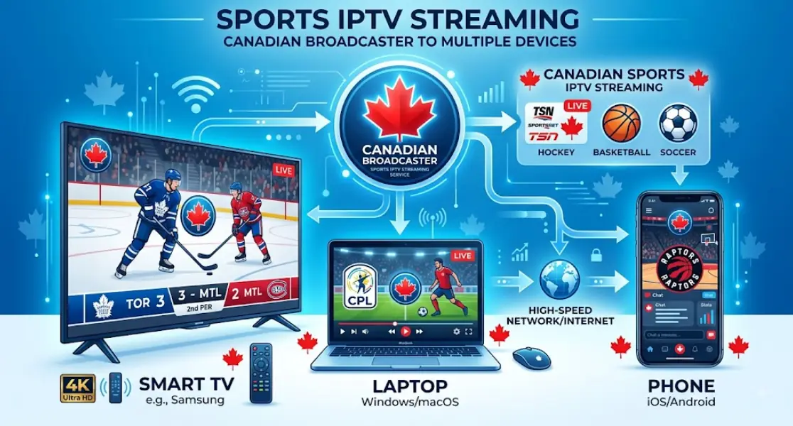 clean infographic showing sports IPTV streaming from a Canadian broadcaster to a smart TV, laptop and phone, with maple leaf accent and blue colour scheme