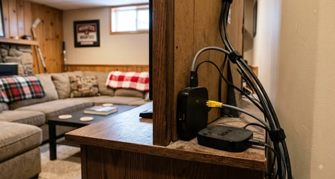 close-up of a streaming box and Ethernet cable behind a TV stand, with a Canadian home basement rec room in soft focus background
