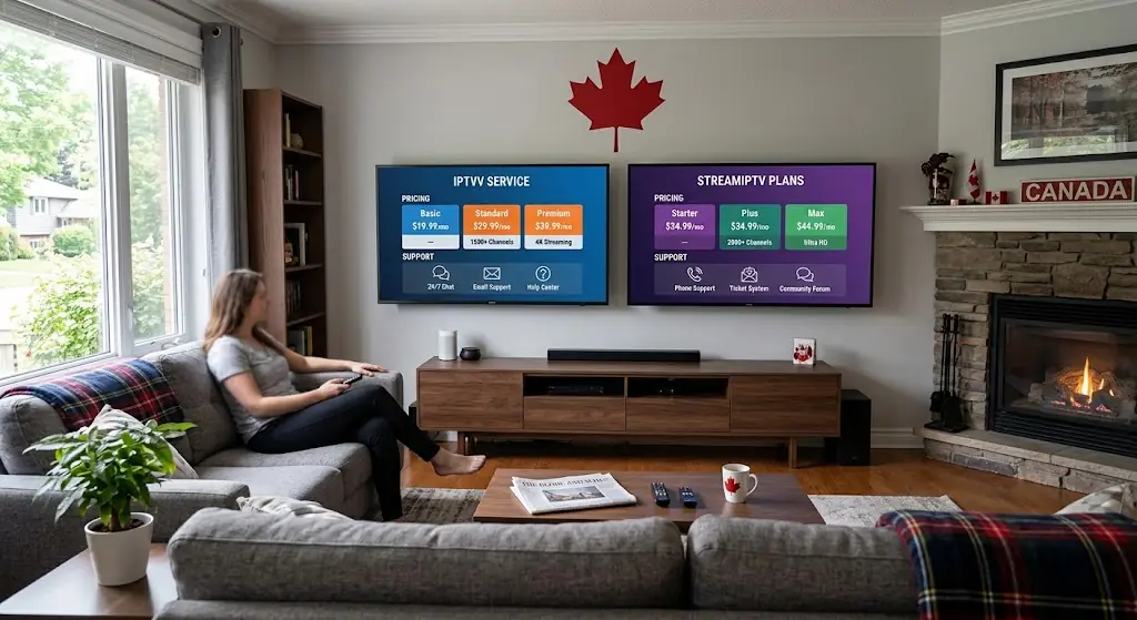 iptvv versus StreamIPTV comparison on two Smart TV screens in a modern Canadian living room, maple leaf accent, pricing and support icons, no logos copied