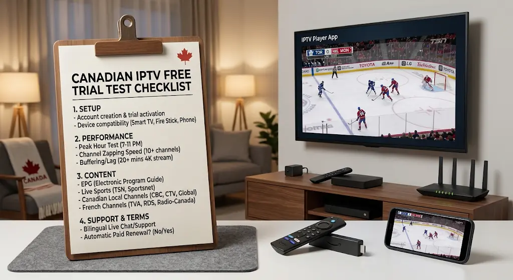 Canadian IPTV free trial test checklist beside a Smart TV, Fire TV Stick, phone and router, evening hockey viewing atmosphere, clean editorial style
