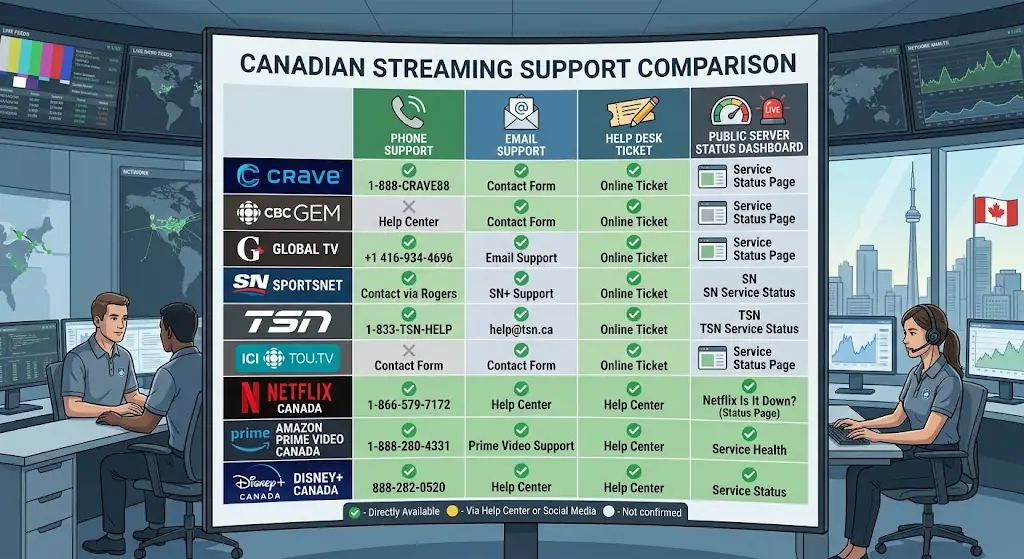 Canadian streaming support comparison with phone, email, help desk ticket and public server status dashboard icons, calm professional tech support scene