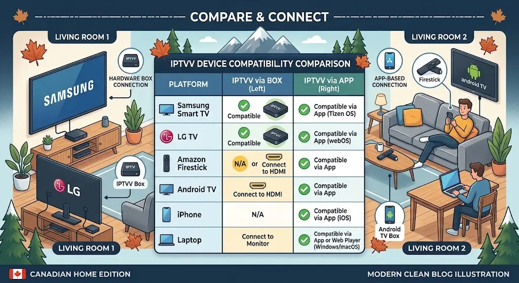 iptvv device compatibility comparison with Samsung Smart TV, LG TV, Firestick, Android TV, iPhone and laptop arranged in a Canadian home, modern clean blog illustration