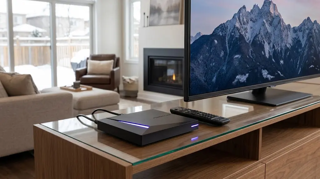 formuler z11 pro max​ on a clean Canadian living-room media console beside a 4K Smart TV, Ethernet cable and remote visible, realistic premium technology photography, no text
