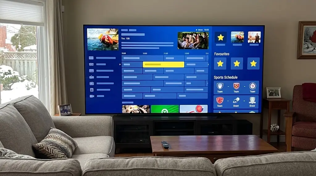 MYTVOnline3-style television interface concept on a large 4K TV, programme guide, favourites, sports schedule and picture-in-picture represented visually, Canadian home setting, no copied logos or text