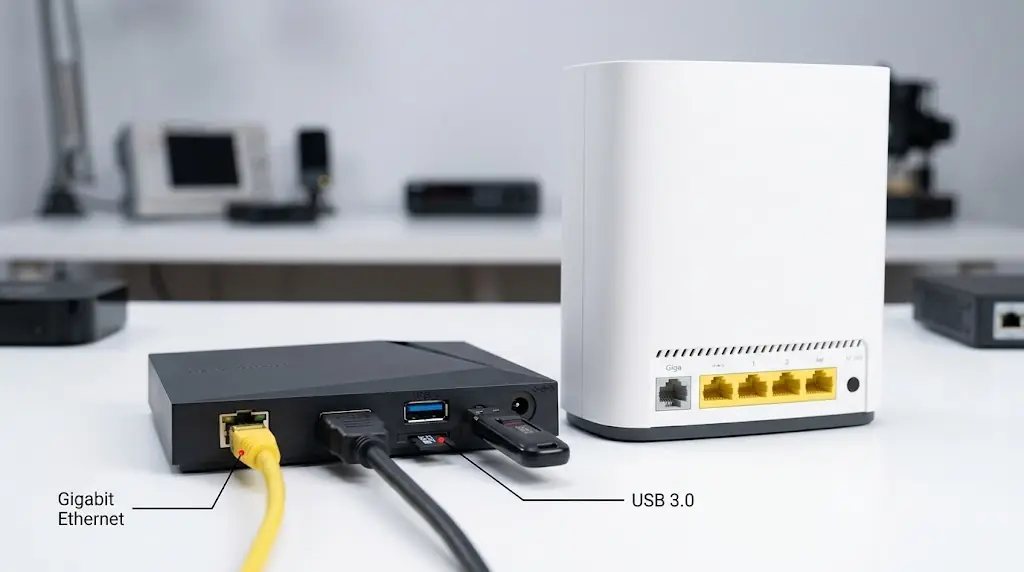 rear connectivity view of a premium Android OTT box with Gigabit Ethernet, HDMI, USB storage and microSD being connected beside a Canadian home router, clean technical photography