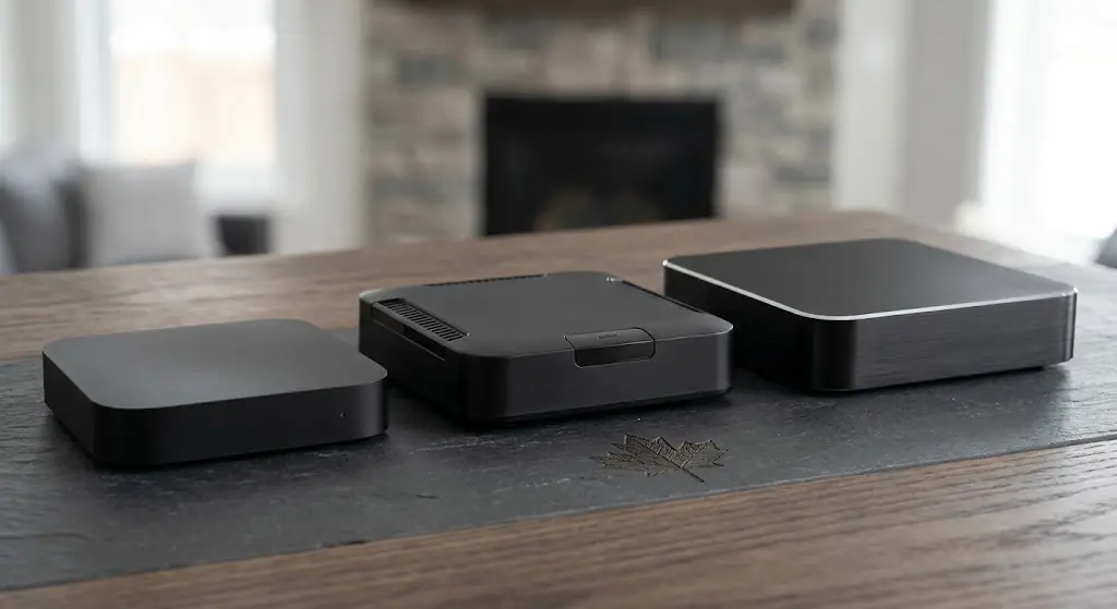 three premium black streaming boxes arranged from entry to flagship representing Formuler Z11 Pro, Z11 Pro Max and Z12 Ultra, Canadian technology buyer guide style, subtle maple leaf detail, no text