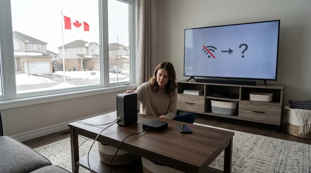 Canadian living room with a Smart TV showing a connection error, Rogers-style home internet gateway, streaming box and phone on a coffee table, neutral troubleshooting scene, no logos copied, no text