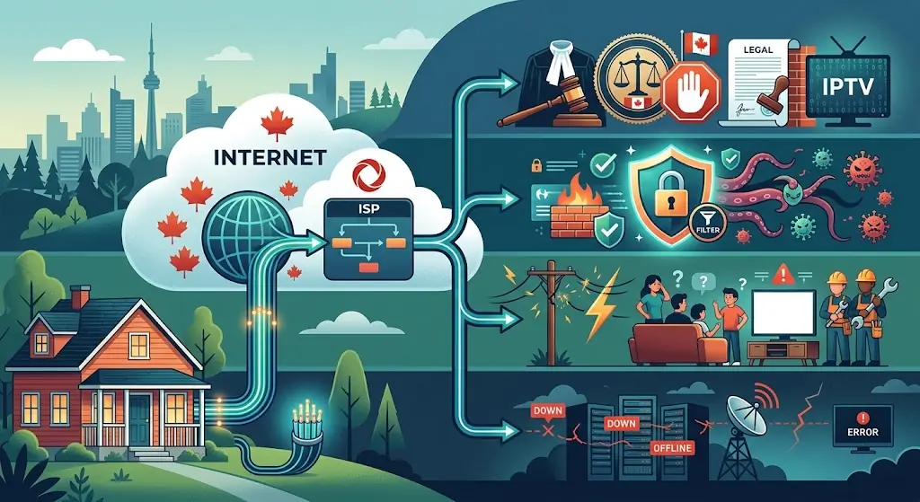 Rogers block IPTV explainer for Canada showing a home internet connection leading to four separate paths: Federal Court order, security filter, network problem and streaming server outage, professional editorial infographic, no text