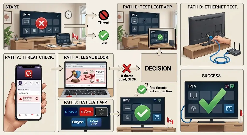 Canadian IPTV troubleshooting decision path with Smart TV, Rogers Xfinity app threat history, browser court notice, legal streaming app test and Ethernet connection, clean realistic tech-support illustration, no text