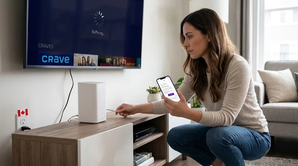 Rogers Internet customer troubleshooting a legitimate streaming service in a Canadian home, checking router, Smart TV app, Ethernet cable and Xfinity security alert on phone, professional support photography, no text
