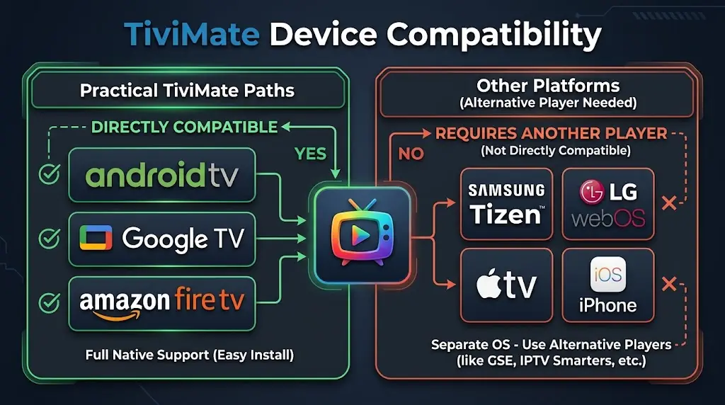 Device compatibility decision graphic showing Android TV, Google TV and Fire TV as practical TiviMate paths, with Samsung Tizen, LG webOS, Apple TV and iPhone shown as separate platforms requiring another player