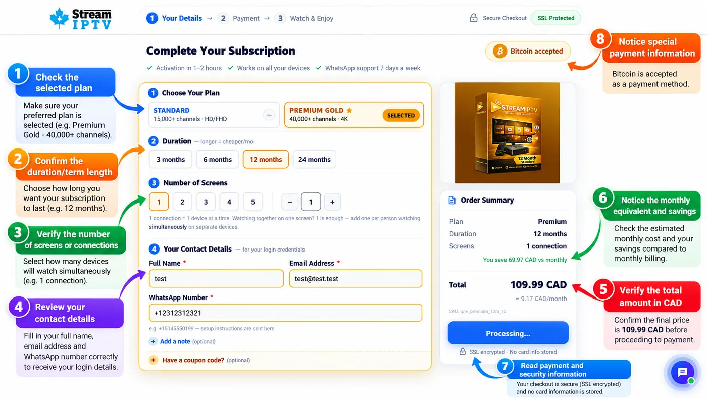 IPTV Brampton subscription offer audit illustrated as an annotated fictional checkout page, highlighting currency, full payment amount, term length, automatic renewal, concurrent streams, additional fees and cancellation link; no invented real company prices
