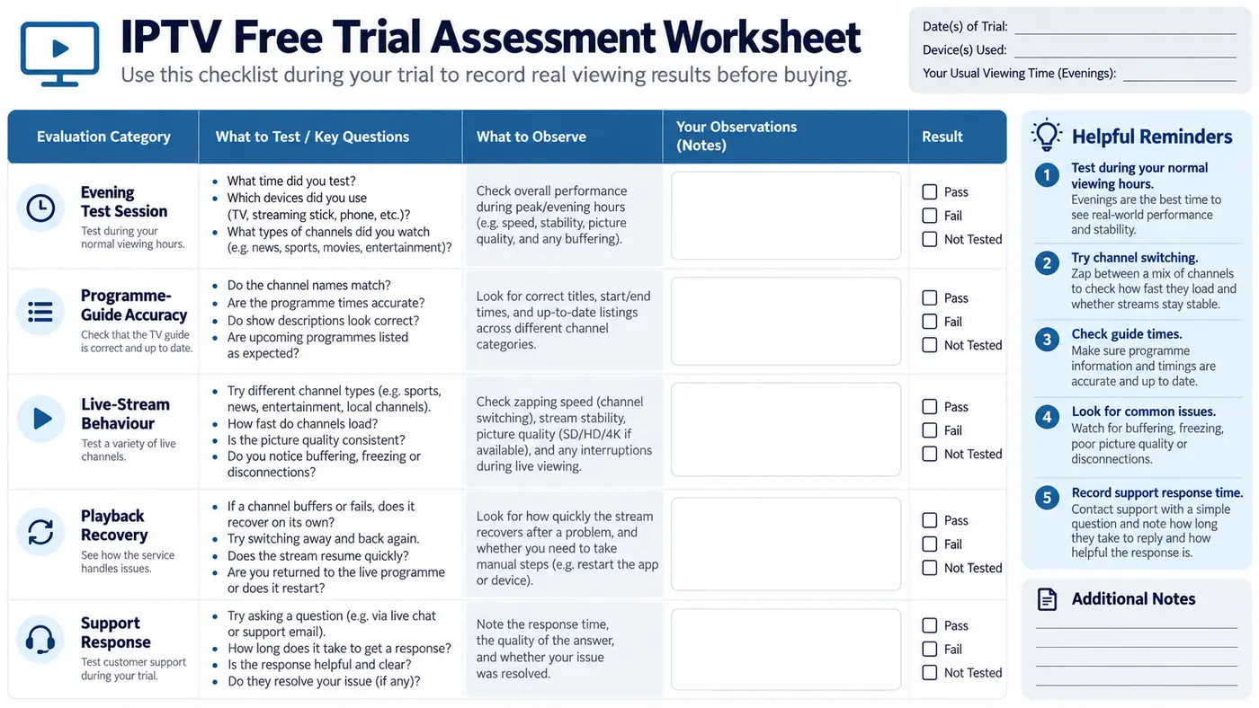 IPTV free trial assessment worksheet showing fictional evening test sessions, programme-guide accuracy, live-stream behaviour, playback recovery and support response, with empty observation fields and pass, fail or not tested choices