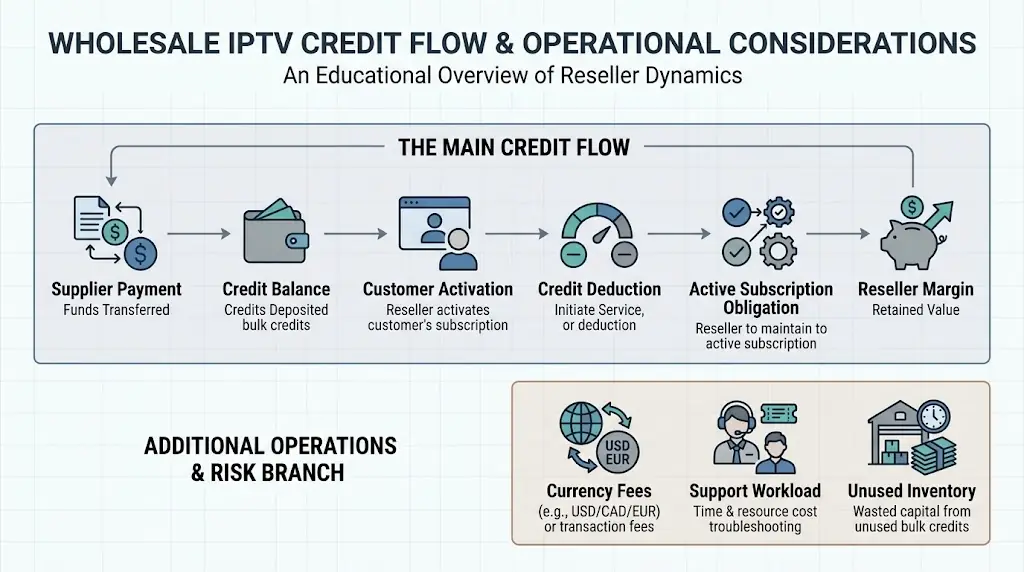 Educational wholesale IPTV credit flow diagram showing supplier payment, credit balance, customer activation, credit deduction, active subscription obligation and reseller margin. A separate branch highlights currency fees, support workload and unused inventory. No fabricated figures or financial returns.